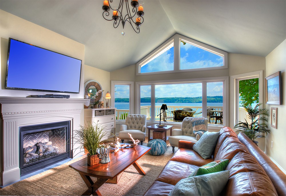 Skaneateles Living Room Fireplace and Lake View Finger Lakes Luxury